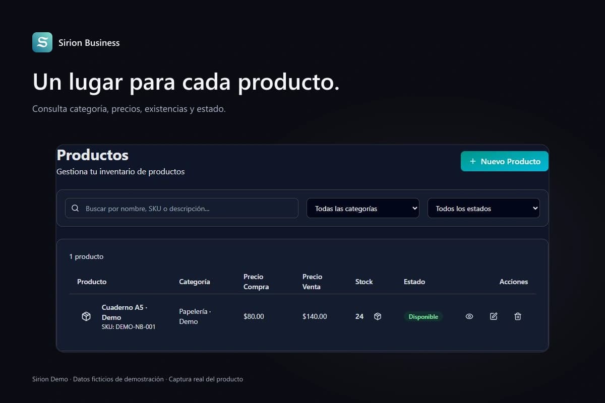 Inventario de Sirion Business con un producto de demostración