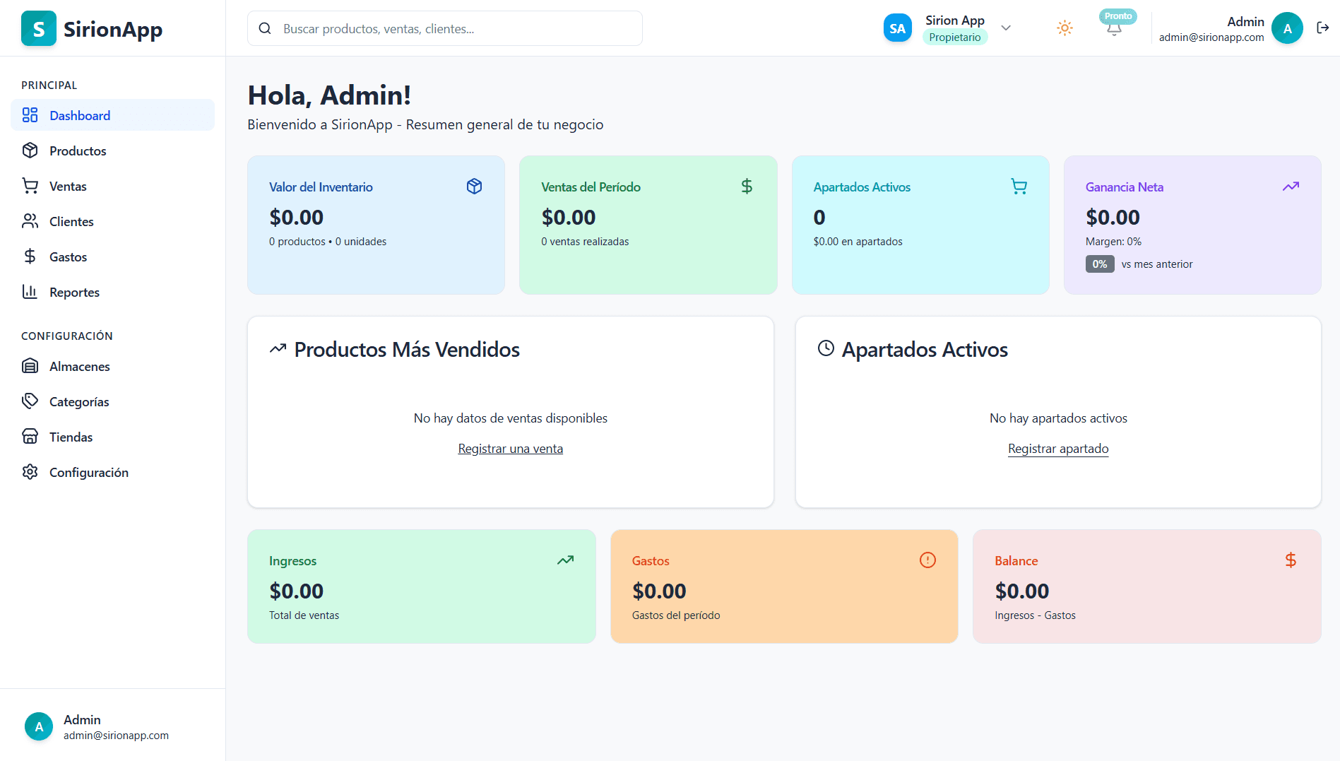 Dashboard de Sirion App - Light mode