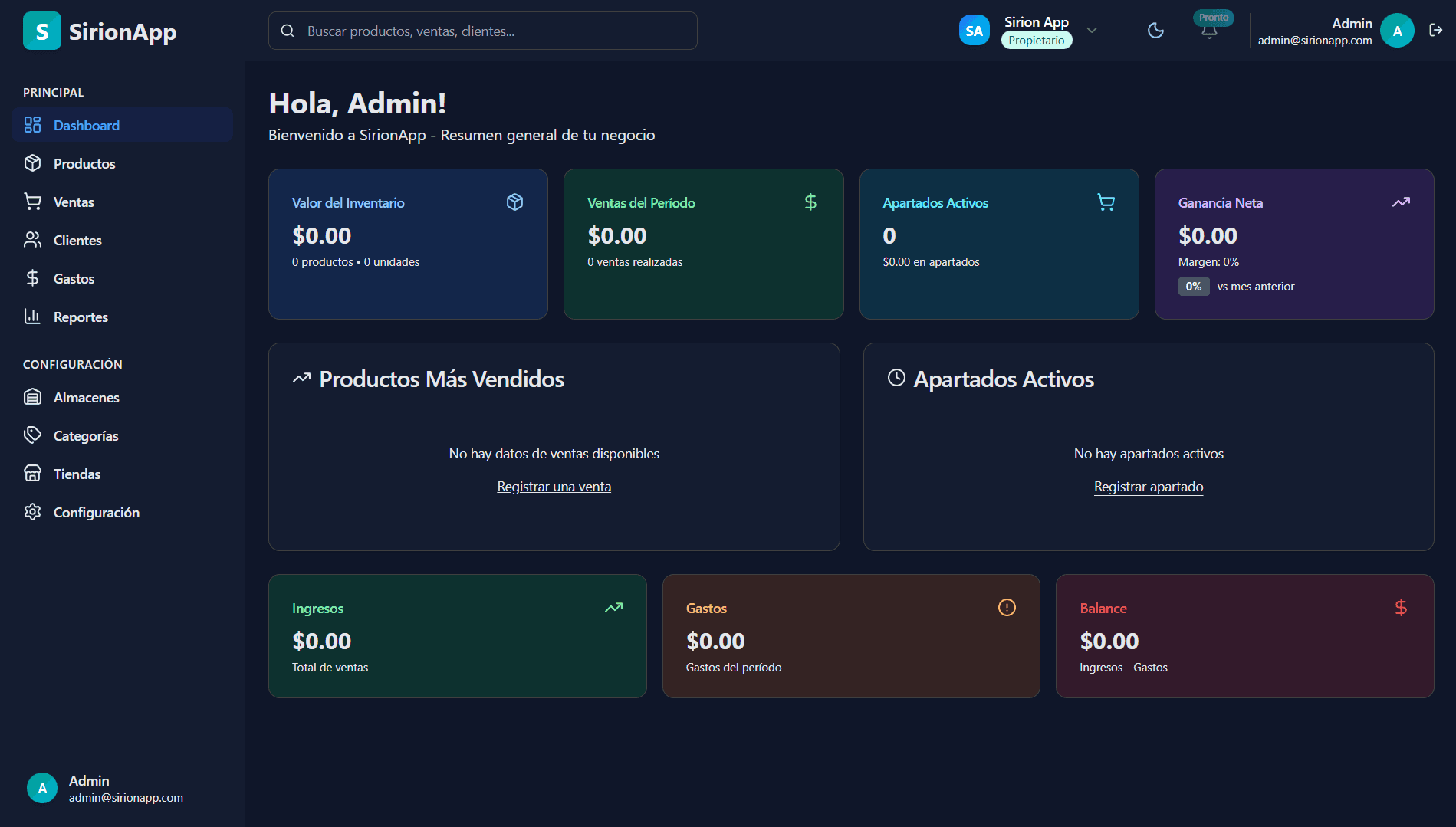 Dashboard de Sirion App - Dark mode